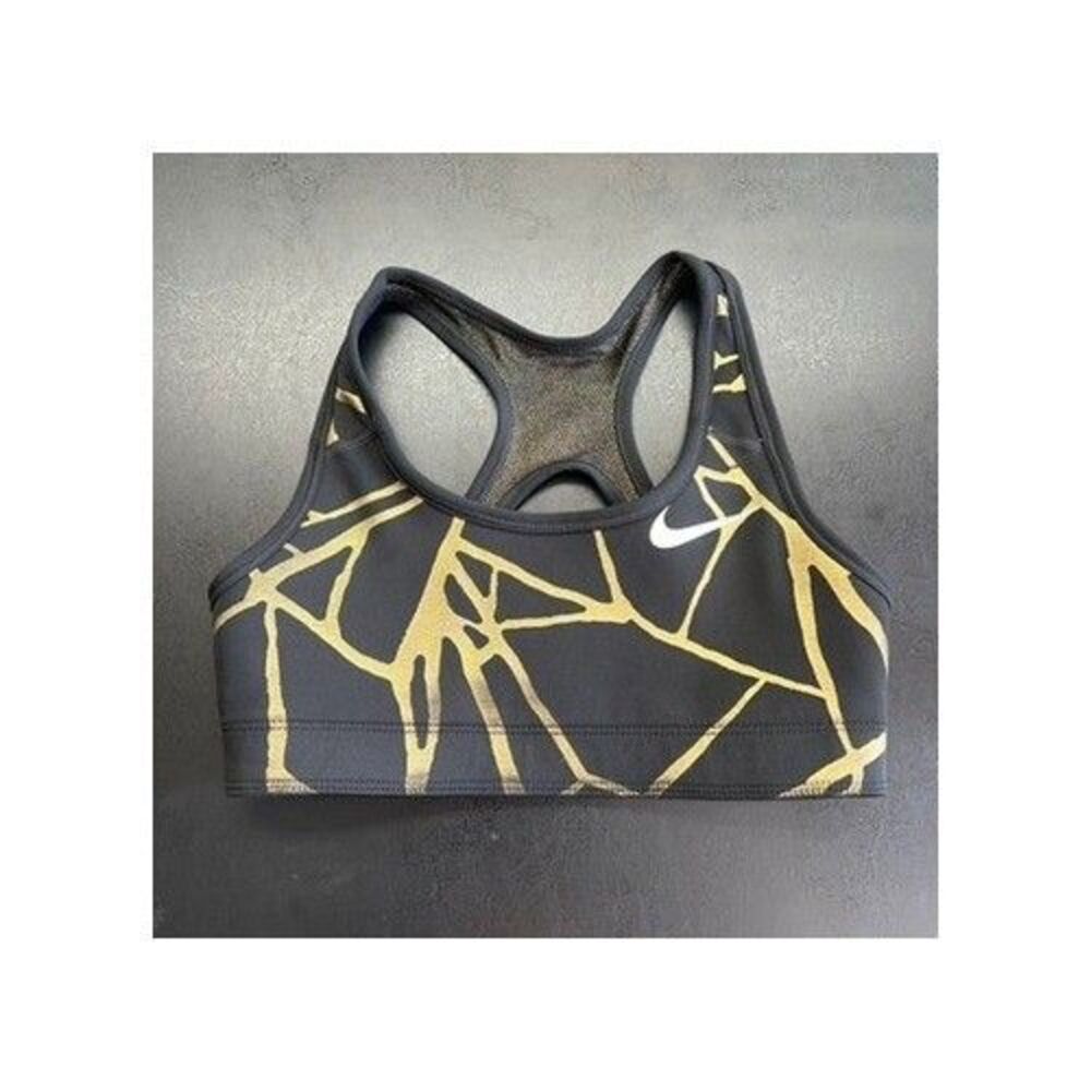 Nike Dri-Fit Swoosh Reversible Sport Training Bra Black Gold Geometric Girls M